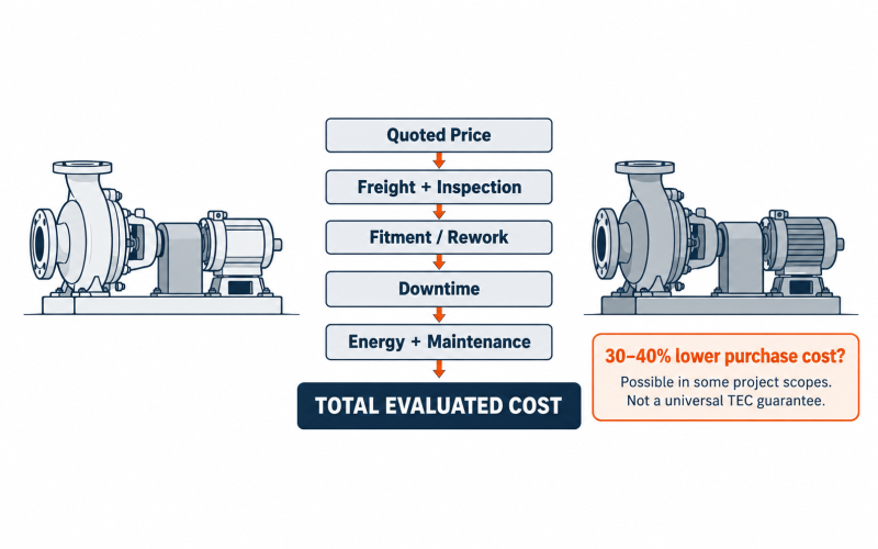 ANSI pump total evaluated cost workflow from quoted price through freight inspection fitment rework downtime energy and maintenance