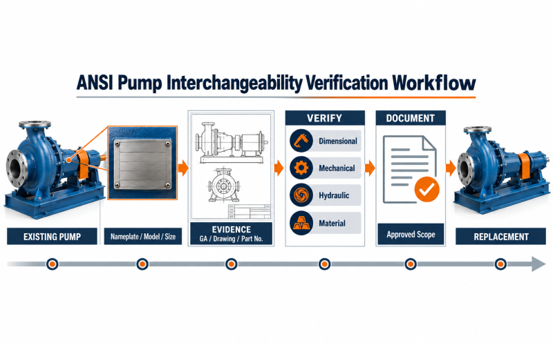 ANSI pump interchangeability verification workflow from existing pump identification through dimensional mechanical hydraulic and material review