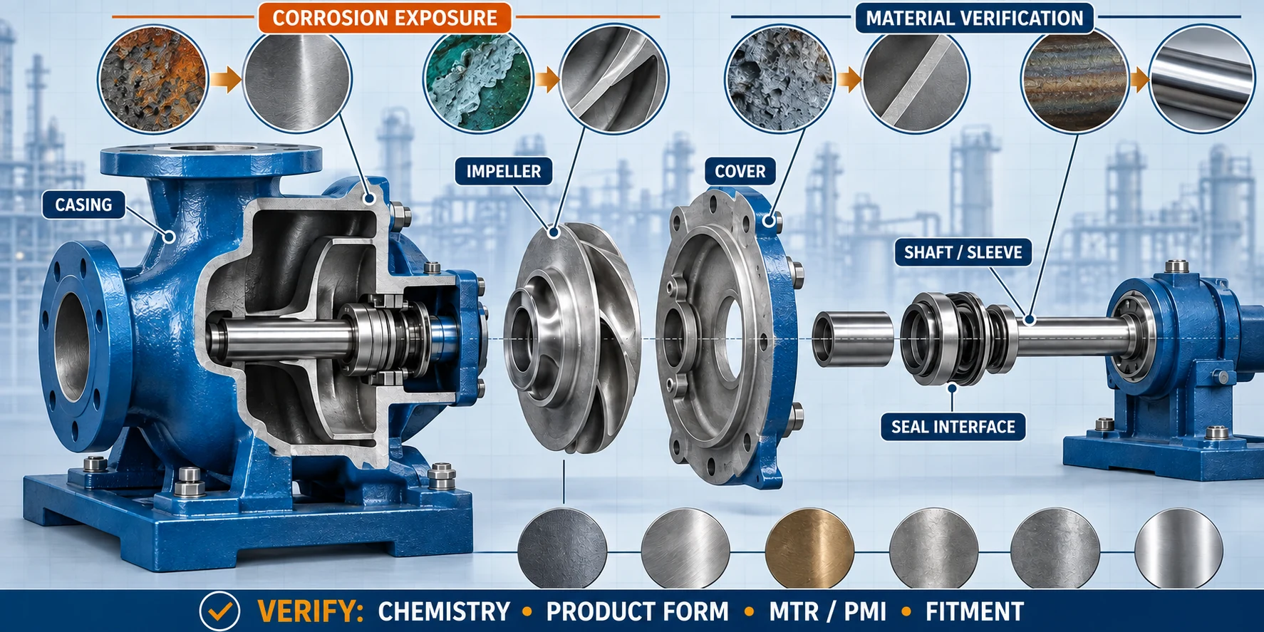 ANSI B73.1 pump wetted-component metallurgy map showing casing, cover, impeller, shaft or sleeve, and metallic seal-component interfaces