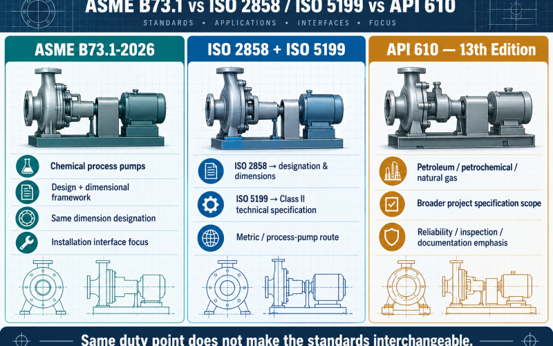 ANSI vs ISO vs API pump standards comparison showing ASME B73.1, ISO 2858 and ISO 5199, and API 610