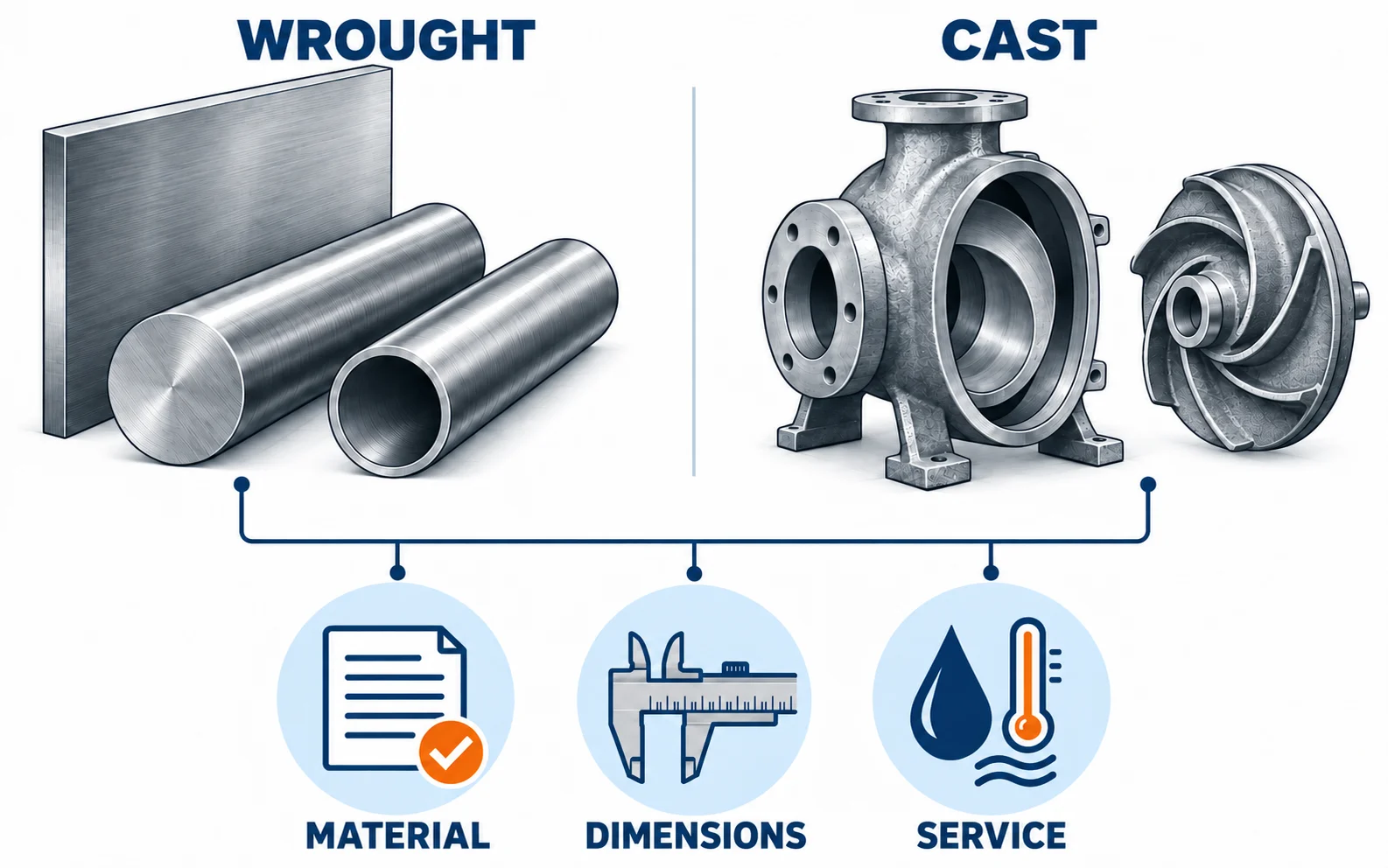 Diagram showing wrought alloy stock and cast pump parts, with material, dimensions and service check labels