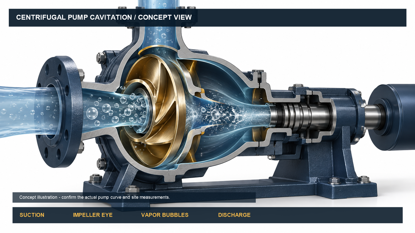 Labeled centrifugal pump cutaway showing suction, impeller eye, vapor bubbles and discharge