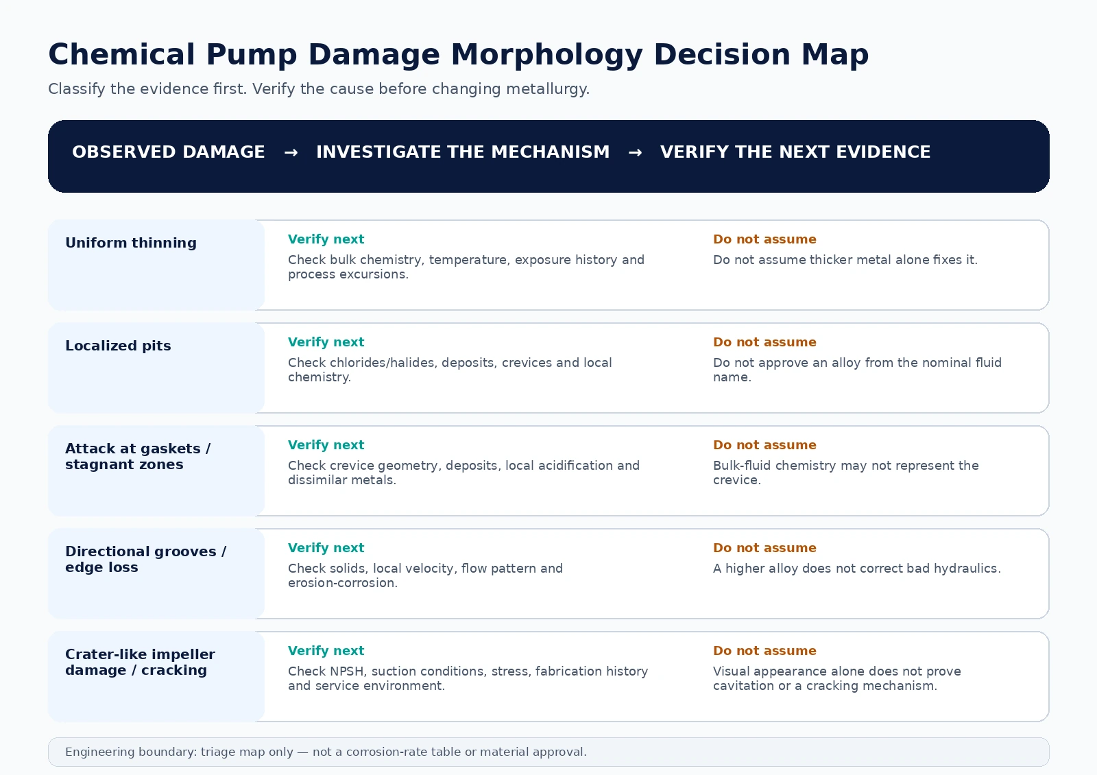 Chemical pump corrosion failure decision map showing uniform thinning, localized pitting, crevice attack, erosion-corrosion, cavitation-like damage and cracking