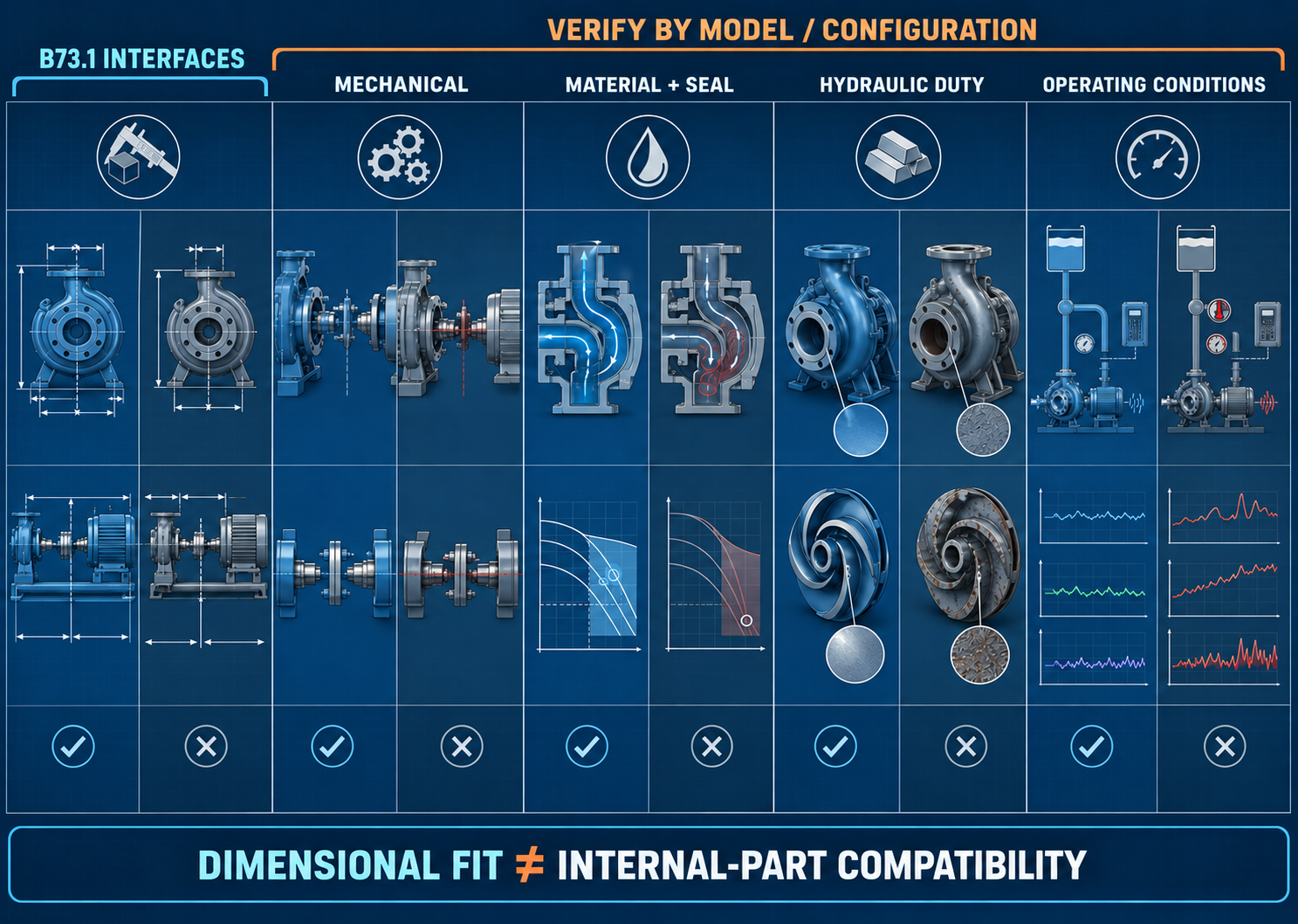 Annotated diagram separating the standardized B73.1 installation interfaces from model-specific mechanical, material, hydraulic and operating checks.