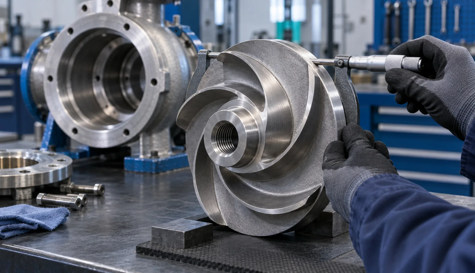 Goulds 3196 STX replacement impeller showing trim diameter, threaded shaft interface and rear pump-out vane verification points