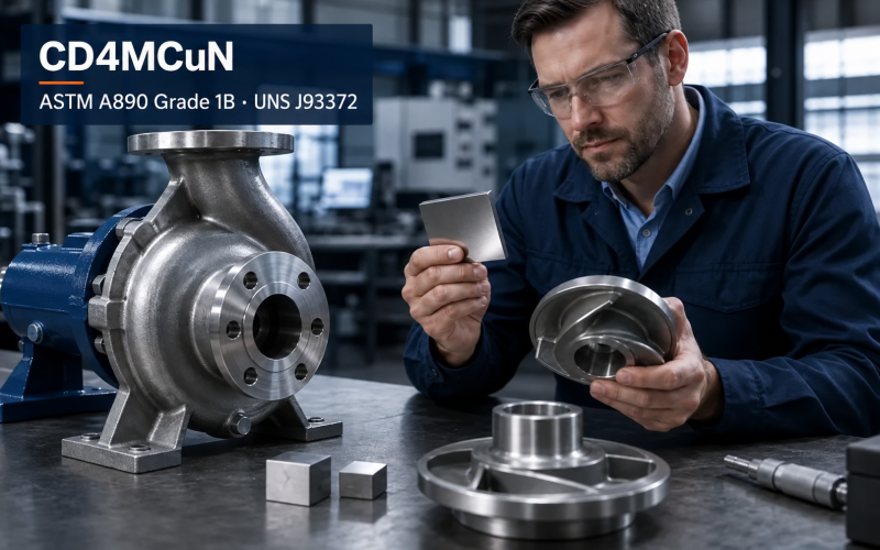 Engineer inspects a CD4MCuN pump component; graphic identifies ASTM A890 Grade 1B and UNS J93372.