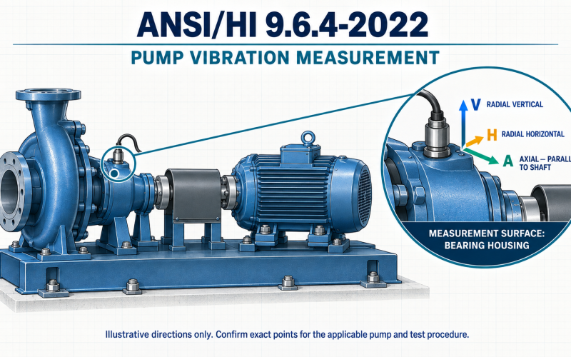 Illustration of a centrifugal pump and motor showing illustrative vibration measurement directions at a stationary bearing housing: radial horizontal (H), radial vertical (V), and axial (A).