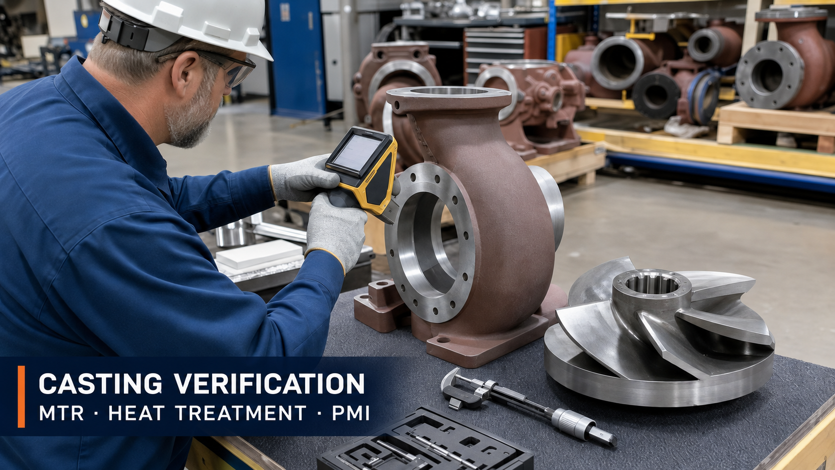 Pump casting inspection with MTR, heat-treatment and PMI record verification