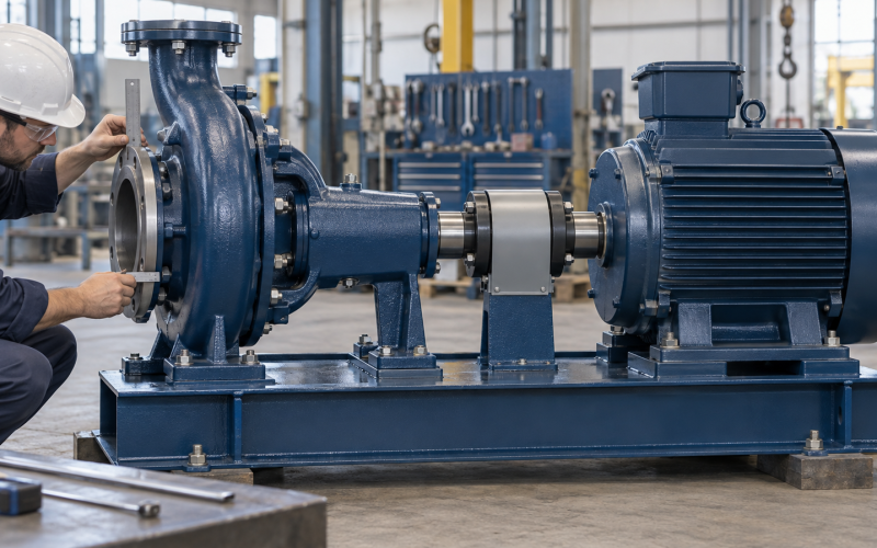 Engineer checking pump casing and flange interfaces during a replacement fitment review