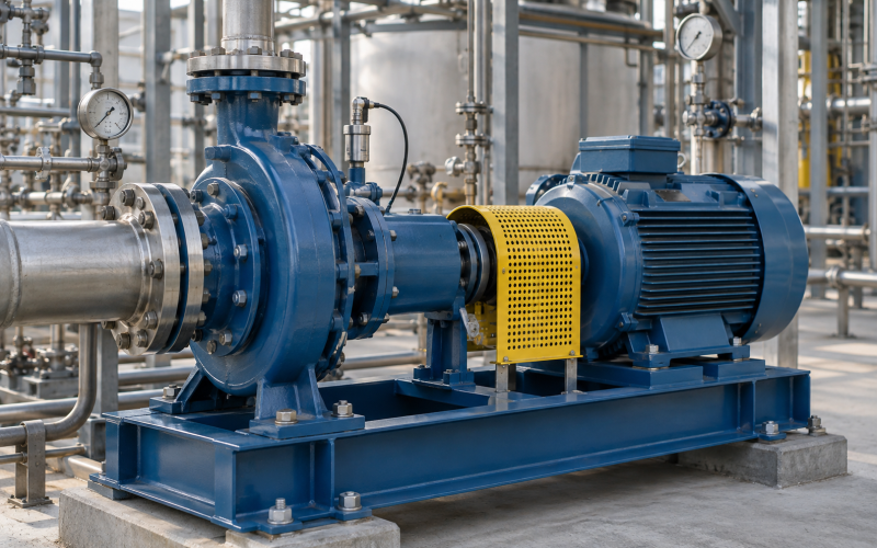 ANSI process pump and motor on an industrial skid with pressure gauges and vibration monitoring.