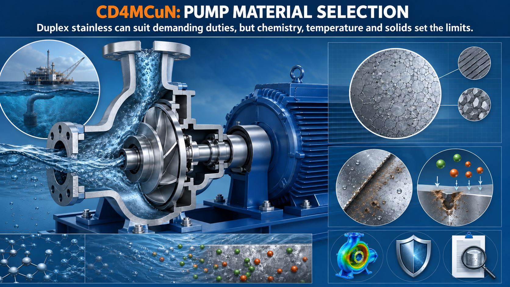 CD4MCuN pump material selection infographic showing duplex structure, corrosion and erosion considerations