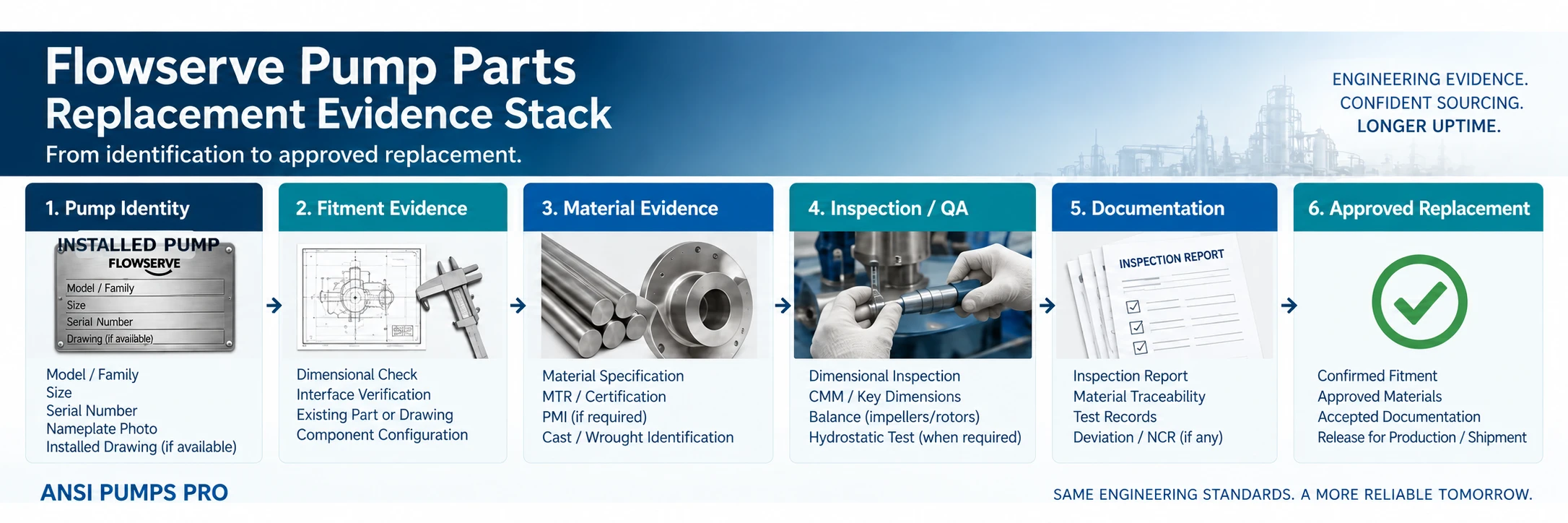 Flowserve pump parts replacement evidence workflow covering pump identity, fitment, material verification, inspection, documentation and approved replacement