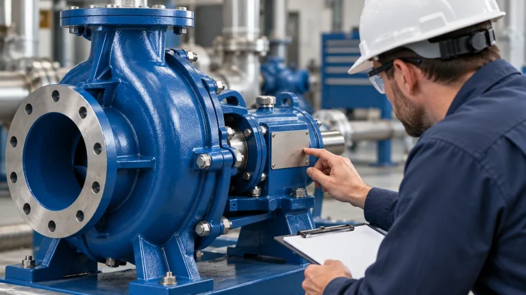 Illustrative scene of an engineer inspecting a blue process pump nameplate
