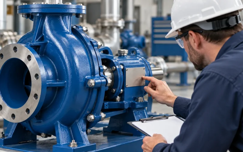 Illustrative scene of an engineer inspecting a blue process pump nameplate