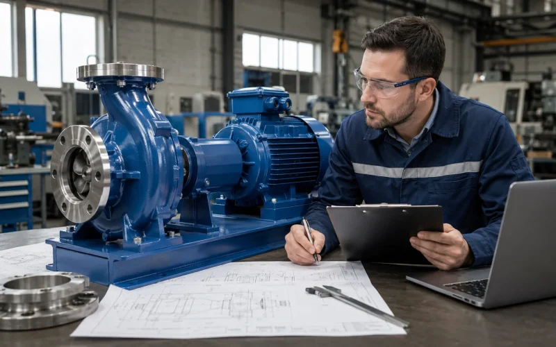 Illustrative scene of an engineer reviewing a centrifugal process pump and technical drawings.