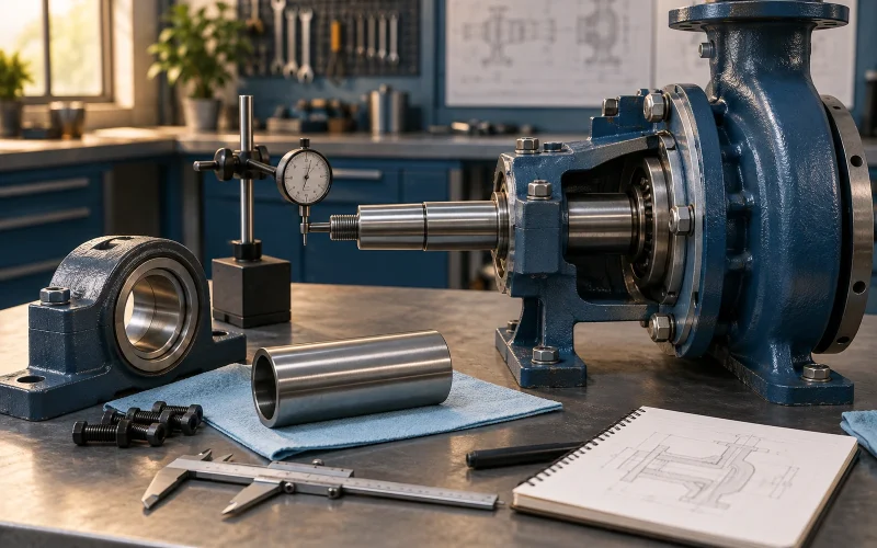 Goulds 3196 process pump shaft sleeve and bearing housing prepared for dimensional inspection