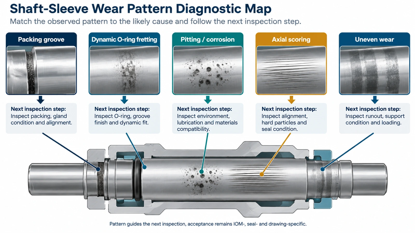 Diagnostic diagram showing packing groove, dynamic O-ring fretting, pitting, axial scoring and uneven wear on a Goulds 3196 shaft sleeve