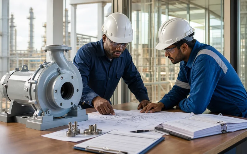 Engineers reviewing an ANSI process pump drawing and inspection documents for an oil and gas procurement project