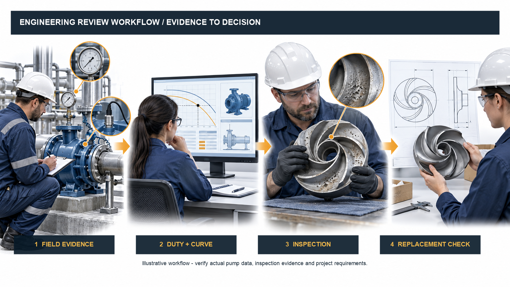Labeled engineering workflow from field evidence and duty curve review to inspection and replacement check