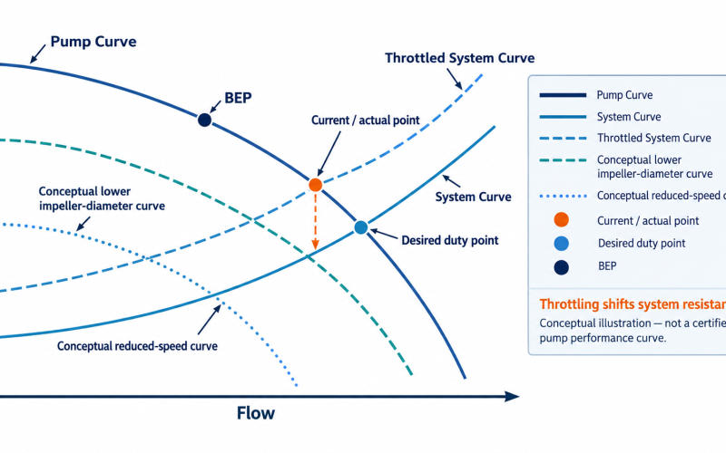 Oversized centrifugal pump curve showing BEP, system curve, throttled operating point and corrective options