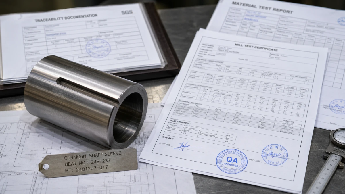 Material test report and heat-number traceability for a CD4MCuN shaft sleeve