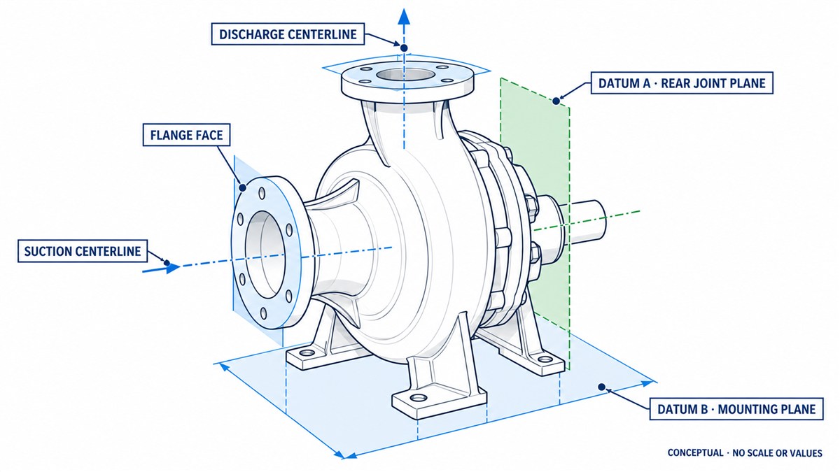 Conceptual pump casing datum map identifying rear joint plane, mounting plane, suction and discharge centerlines, flange faces, nozzle orientation and offsets without numeric dimensions