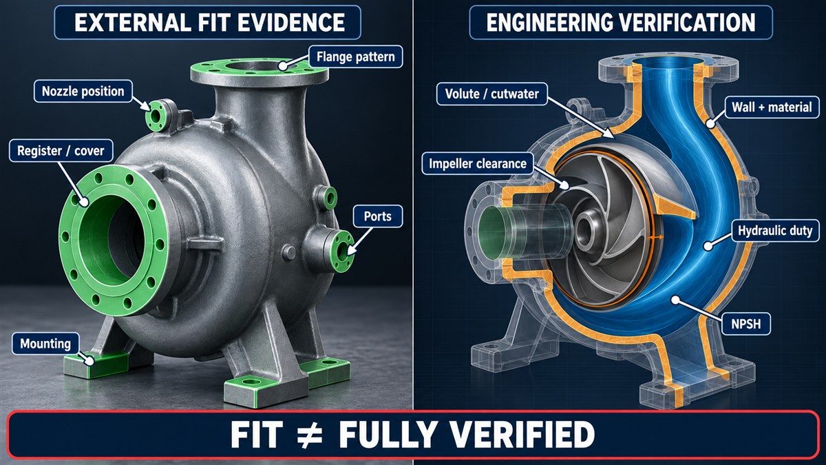 Comparison of external fit checks such as flanges and registers with deeper verification of volute geometry, impeller relationship, wall integrity, material and hydraulic performance