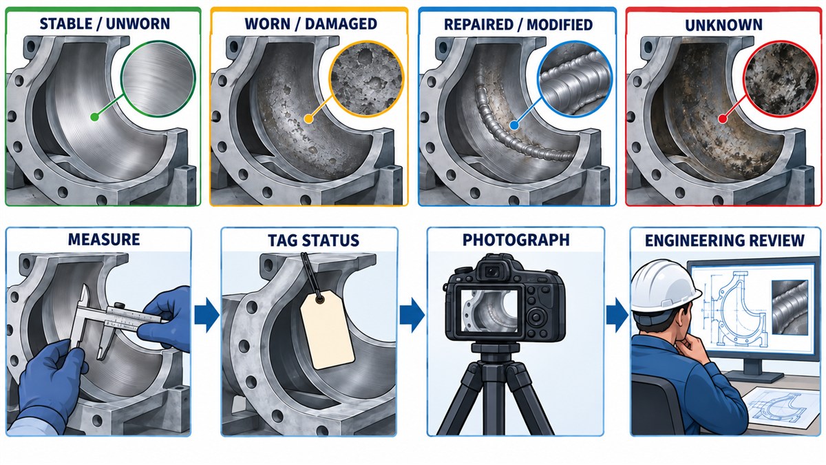Evidence status workflow for stable, worn, repaired and unknown pump casing surfaces: measure, label, photograph and engineering review