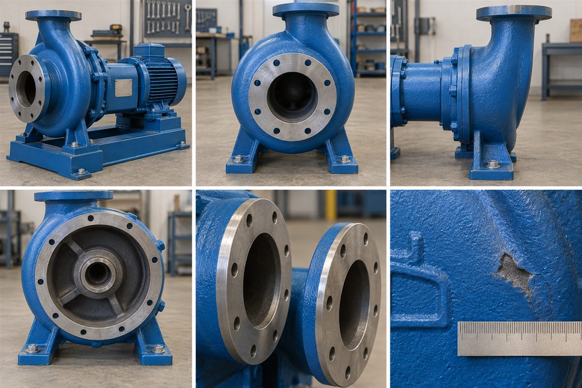 Six-view photo checklist: complete pump and nameplate, suction side, discharge side, rear casing opening, flange faces, and casting number or damaged area