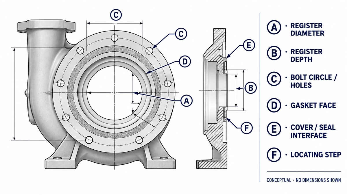Conceptual rear casing interface map showing register, bolt circle, gasket face and cover-interface measurement arrows