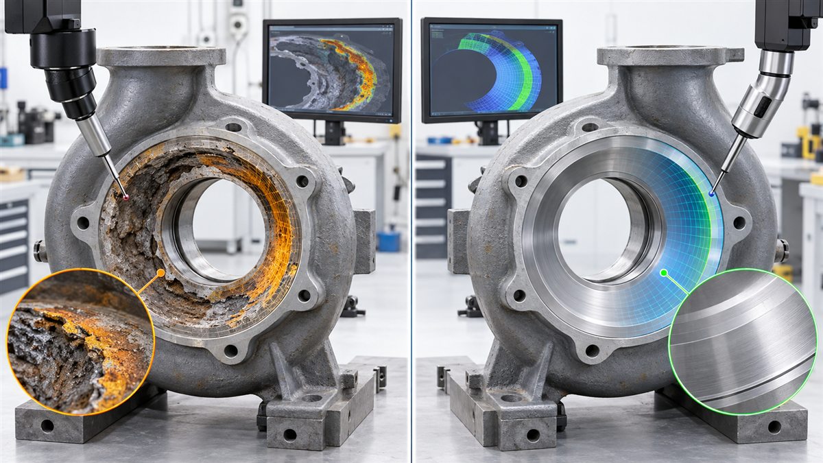 Comparison of an eroded casing surface that is not assumed to represent original geometry and a stable machined datum for engineering review