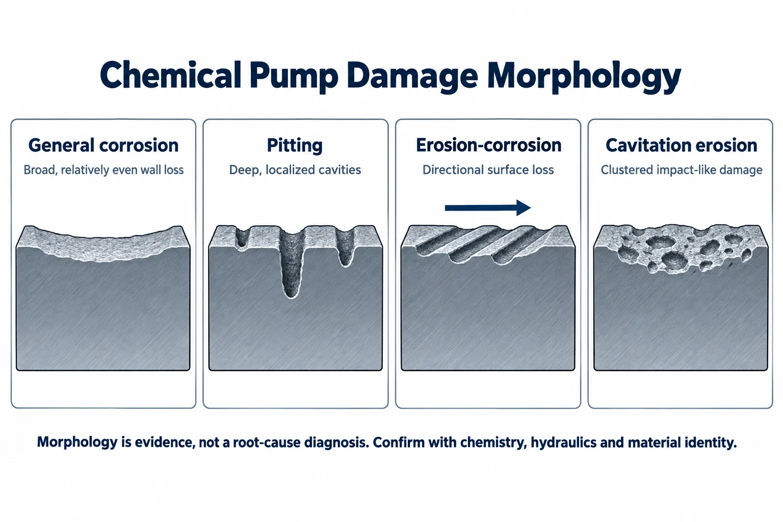 Chemical pump corrosion failure morphology showing general corrosion pitting erosion-corrosion and cavitation erosion