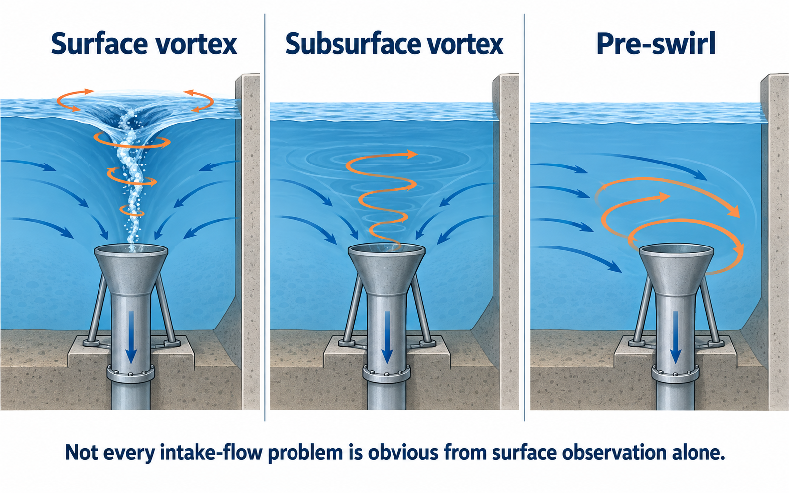 Pump intake engineering diagram comparing surface vortex subsurface vortex and pre-swirl near a suction bell