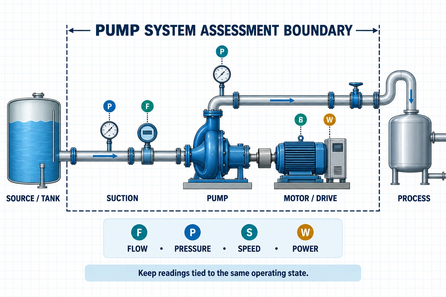Pump system assessment boundary showing source suction pump motor process and measurement points