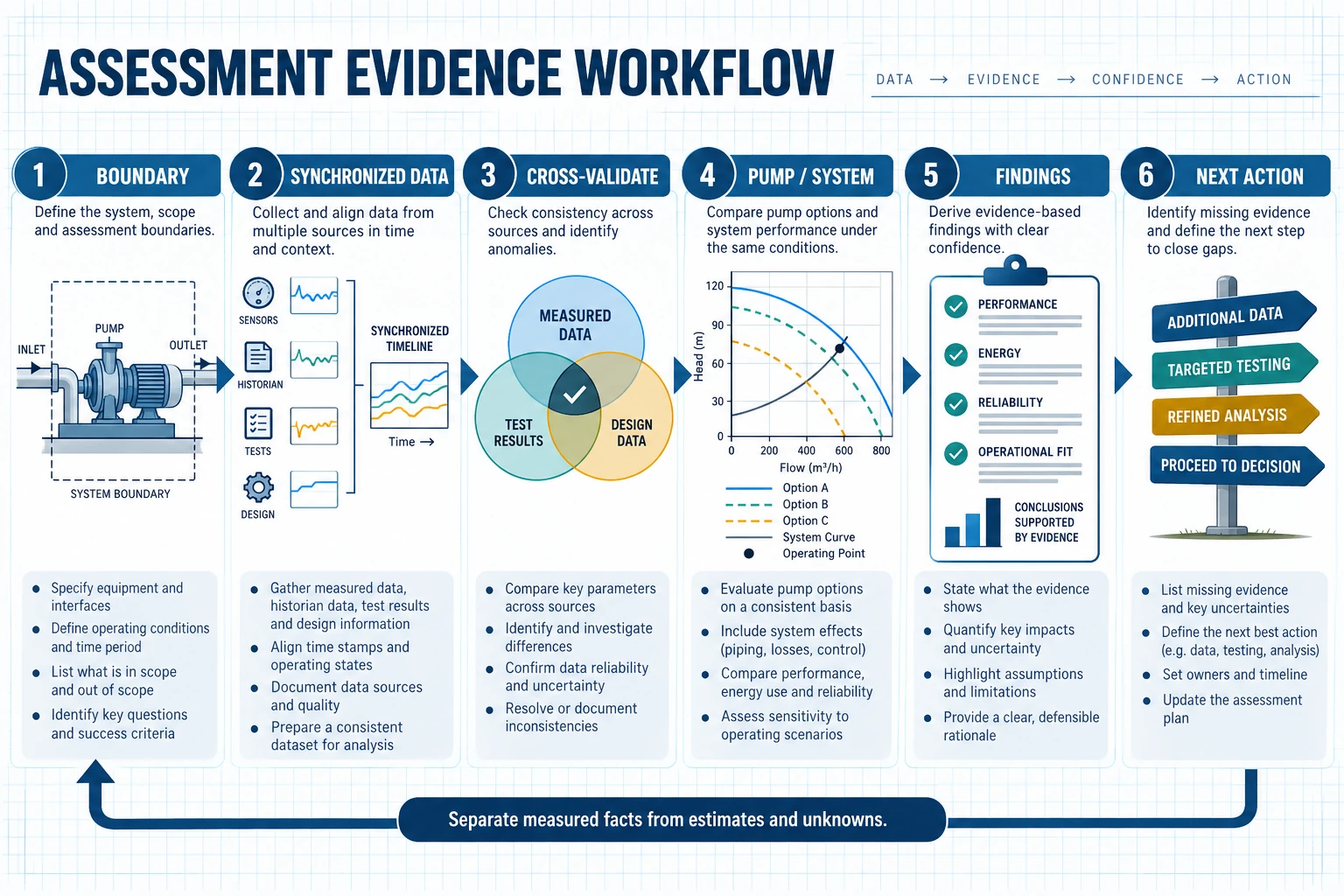 Pump system assessment workflow from boundary definition through synchronized data validation findings evidence gaps and next action