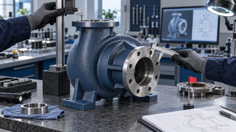 A pump casing is measured with precision instruments in an engineering workshop, with a casing drawing visible in the background.