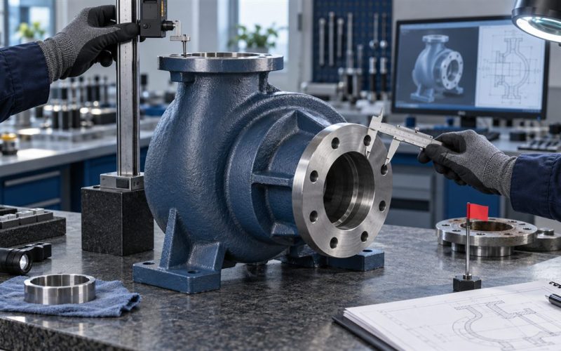 A pump casing is measured with precision instruments in an engineering workshop, with a casing drawing visible in the background.