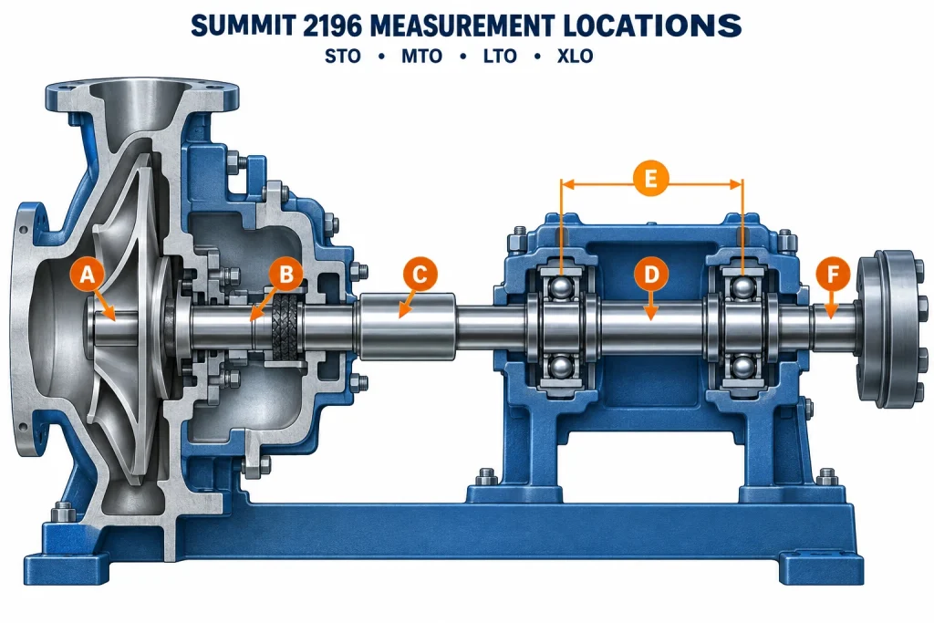 Cutaway schematic marking six measurement locations A through F on a horizontal pump, from the impeller shaft through the stuffing box, sleeve, bearings and coupling; STO, MTO, LTO and XLO frames.
