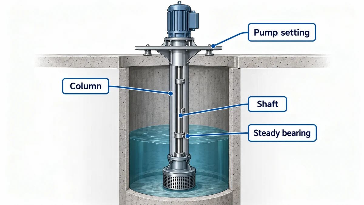 Vertical sump pump illustration labeled pump setting, column, shaft and steady bearing