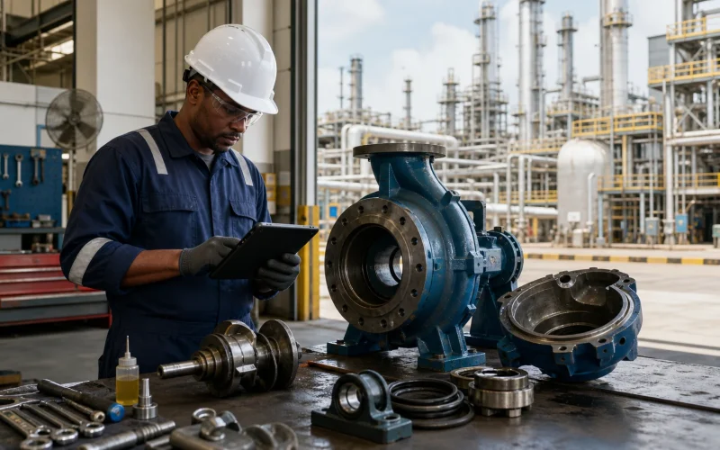 Maintenance engineer reviewing an ANSI process pump and inspection records