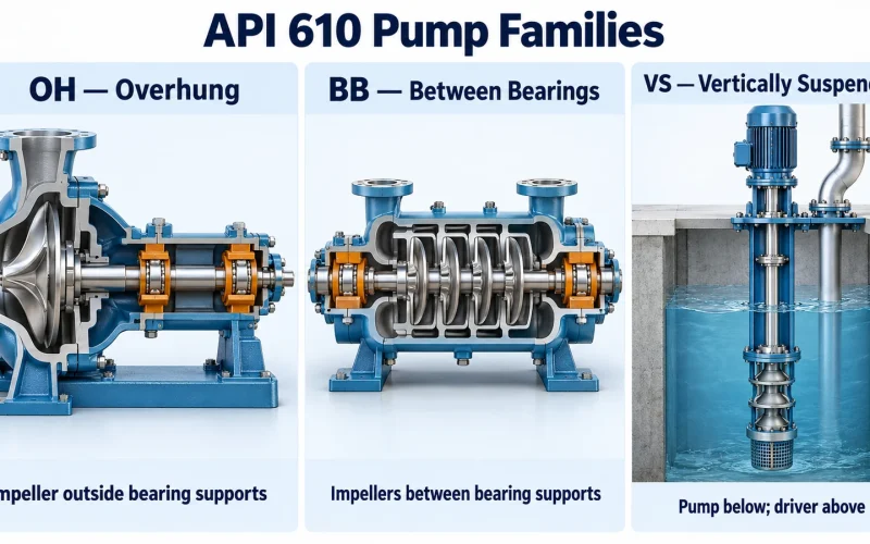 Three-dimensional OH and BB pump cutaways with orange bearing supports beside a submerged VS pumping assembly and its motor above.