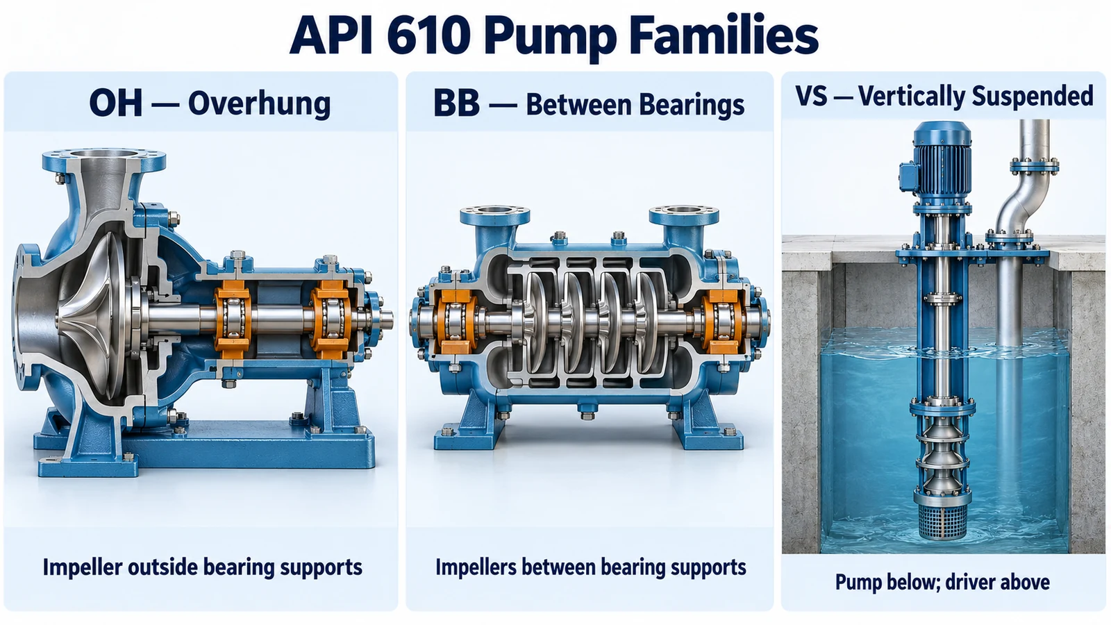 Three-dimensional OH and BB pump cutaways with orange bearing supports beside a submerged VS pumping assembly and its motor above.