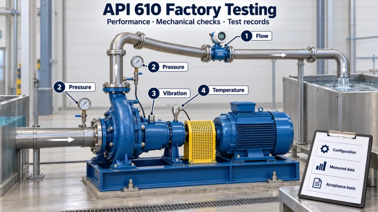 Illustrated pump test stand with labeled flowmeter, pressure gauges, vibration sensor and bearing-temperature sensor.