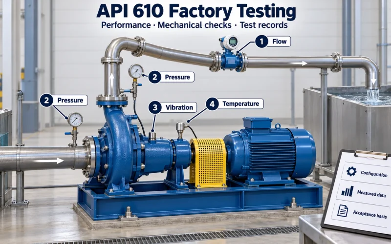 Illustrated pump test stand with labeled flowmeter, pressure gauges, vibration sensor and bearing-temperature sensor.