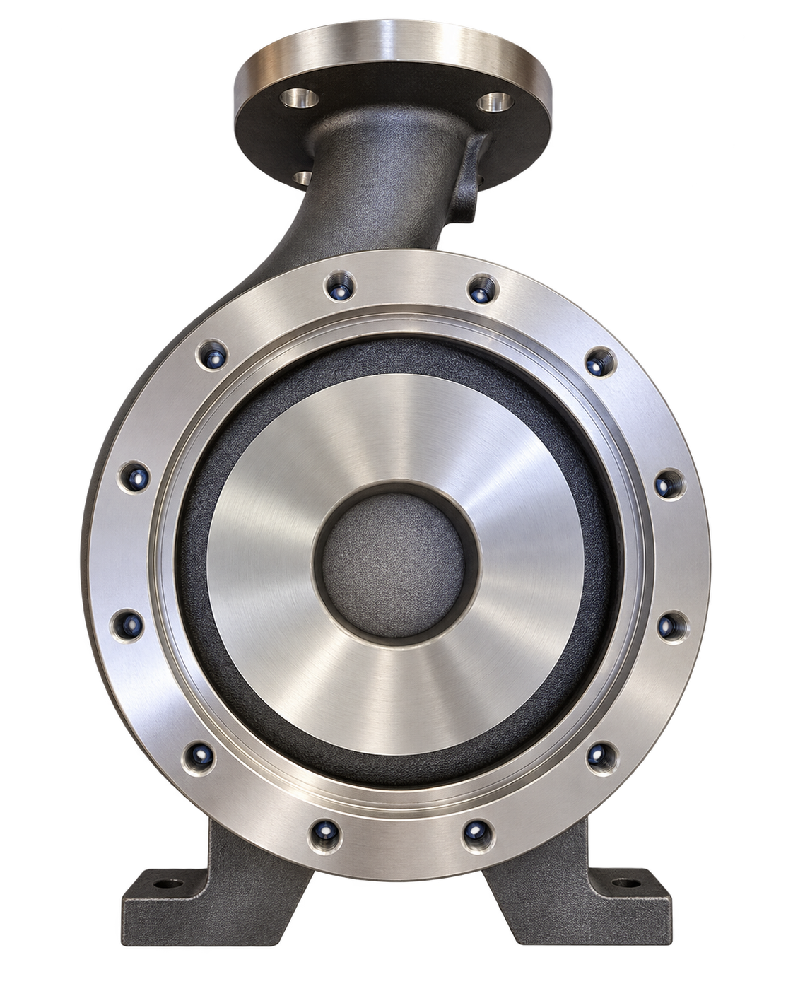 Pump casing and cover seen from the side with machined flanges
