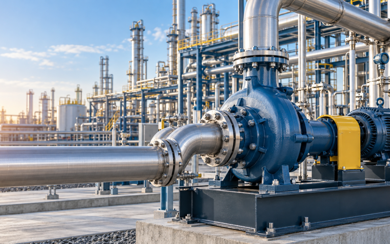 Horizontal centrifugal chemical process pump with stainless piping in a modern plant