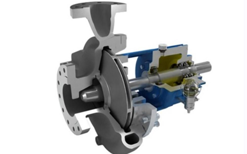 Cutaway illustration of a horizontal overhung centrifugal pump showing the impeller, shaft and bearing assembly