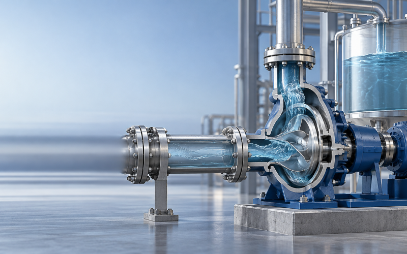 Illustrative cutaway of a centrifugal process pump and suction system for NPSH available calculation
