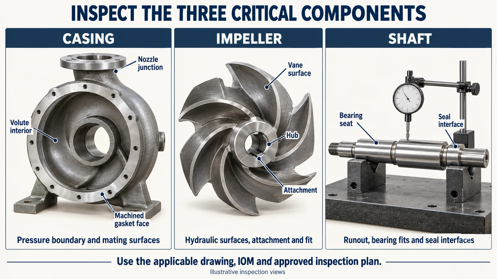 Illustrated inspection locations on a pump casing, open impeller and shaft supported for a runout check