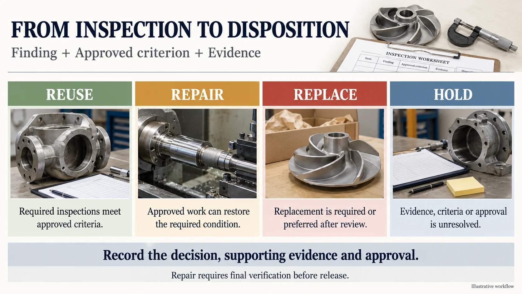 Four pump overhaul dispositions: reuse, repair, replace and hold, with evidence and approval requirements